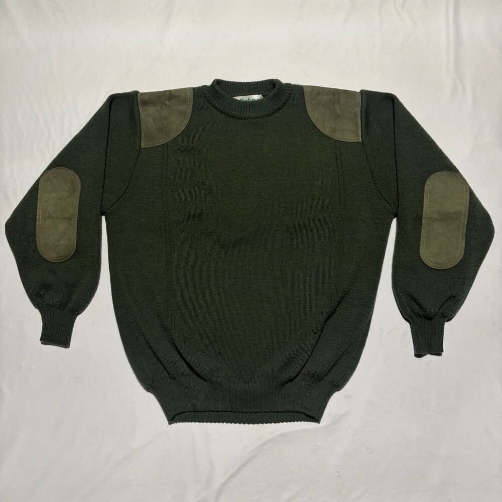 Barbour Wool Commando Sweater Olive Green Suede Patches